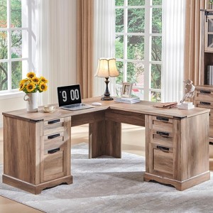 SinCiDo Farmhouse 60" L Shaped Corner Desk, Wooden Executive Office Desk w/ Charging Station, File Drawer & Storage Cabinet - 1 of 4