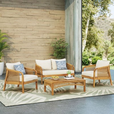 Outdoor 4 Pcs Furniture Set, Deep Seating Sofas with Wood Frame and PE Cushions, Patio Sofas with Wicker Chairs and Coffee Table-Coolbibila
