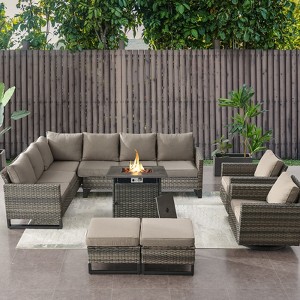 Buenhomino 8 Pieces Outdoor Patio Furniture Set with Fire Pit,L-Shaped Modular Sectional Couches with Swivel Patio Chairs,Wicker Conversation Set - 1 of 4
