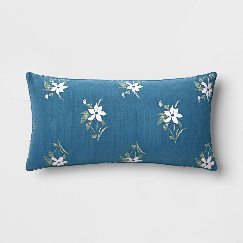 24&#34;x12&#34; Embroidered Floral Rectangular Indoor Outdoor Lumbar Pillow Blue - Threshold&#8482; designed with Studio McGee, 1 of 6