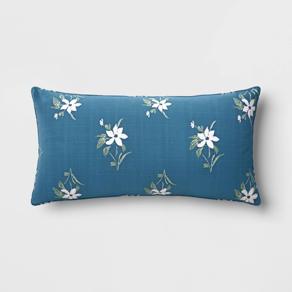 Photos - Pillow 24"x12" Embroidered Floral Rectangular Indoor Outdoor Lumbar  Blue 