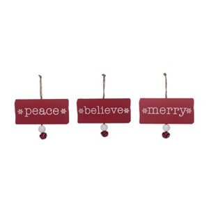 Transpac Christmas Holiday Red Wood Block Sentiment with Bells Tree Ornament Set of 3, 6.75 Dia. inches - 1 of 2