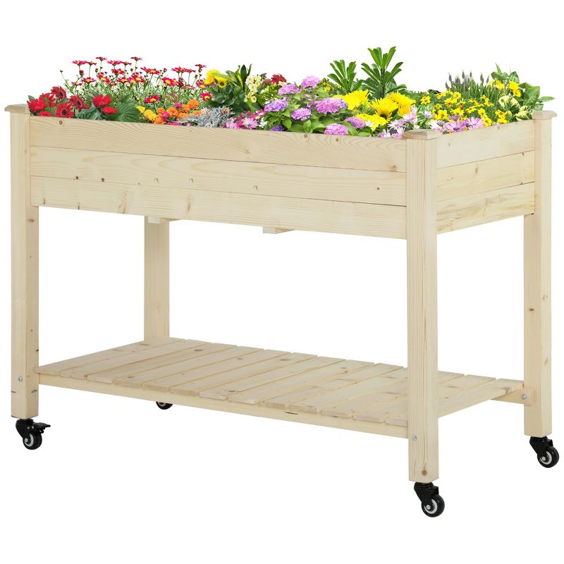 Outsunny 47" x 21" Raised Garden Bed, Elevated Wooden Planter Box w/ Lockable Wheels, Storage Shelf, and Bed Liner for Backyard, Patio, 4 of 10