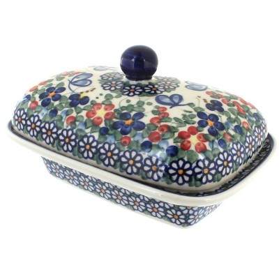 Blue Rose Polish Pottery Garden Butterfly Butter Tub
