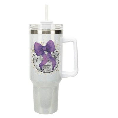 Elanze Designs 40 Ounce Stainless Steel Double Wall Insulated Glitter Travel Tumbler With Handle, Straw, and Lid, Volleyball With Purple Bow White