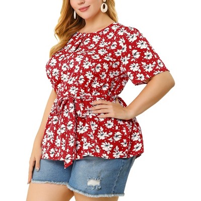 Women's Plus Size Ruffle Tie Waist Short Sleeve Chiffon Floral Blouse - Agnes Orinda