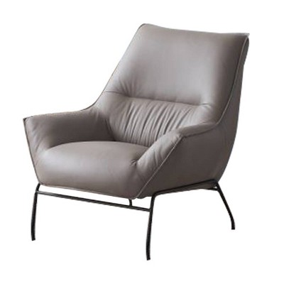 Khaki Top Grain Leather Accent Chair with Ottoman and Metal Legs