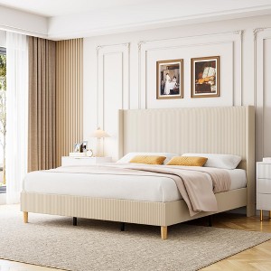 King Size Corduroy Upholstered Bed Frame, Platform Bed with 51" Tall Vertical Stripe Wingback Headboard, No Box Spring Needed/Wooden Slats/Noise Free - 1 of 4