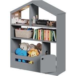 3-Tier Children's Bookshelf and Toy Storage Organizer with Motion Sensor Light ¨C Wooden Book Rack for Playrooms, Classrooms, and Bedrooms gray - 1 of 4