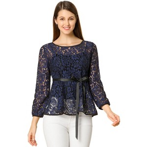 INSPIRE CHIC Women's Semi-Sheer Elegant Tie Waist Long Sleeve Floral Lace Peplum Blouses - 1 of 4