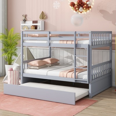 NicBex Full over Full Bunk Bed Detachable Wooden Bed Frame with Trundle, Ladder and Full Length Guardrail, No Box Spring Required