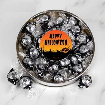 Halloween Candy Gift Tin with Chocolate Lindor Truffles by Lindt Large Plastic Tin with Sticker By Just Candy - Pumpkin