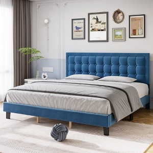 homfan King Size Bed Frame with Adjustable Headboard, Velvet Upholstered Platform Bed Frame, Button Tufted/Wood Slat Support/No Box Spring Needed - 1 of 4