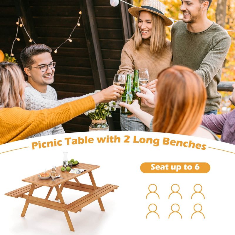 Costway 6 Person Picnic Table Set with Patio Table 2 Built-in Benches 2" Umbrella Hole, 5 of 11