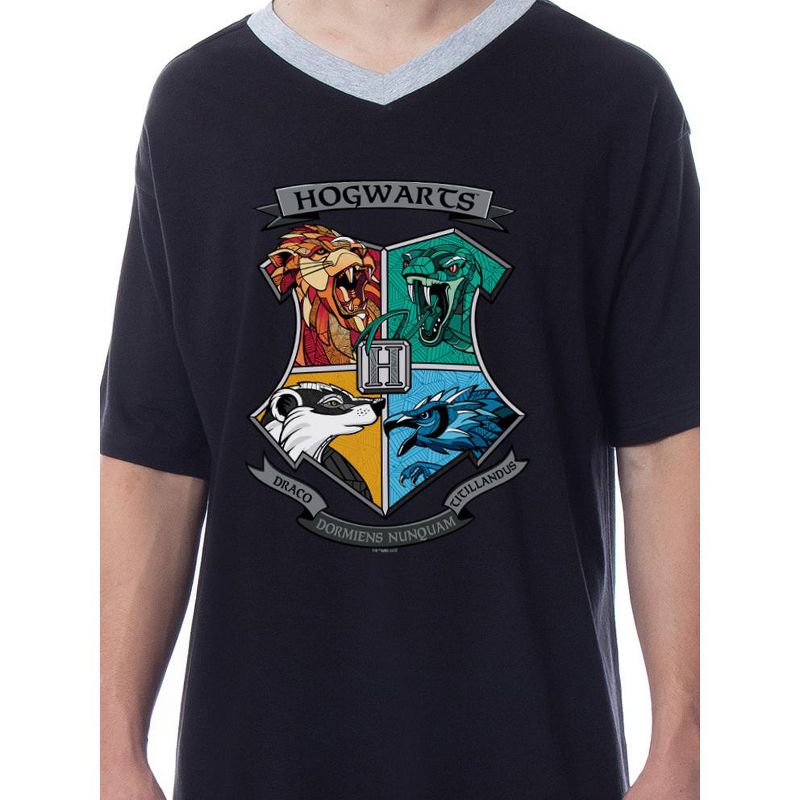 Harry Potter Mens' Hogwarts Houses Crest Stained Glass Sleep Pajama Shirt Black, 2 of 4