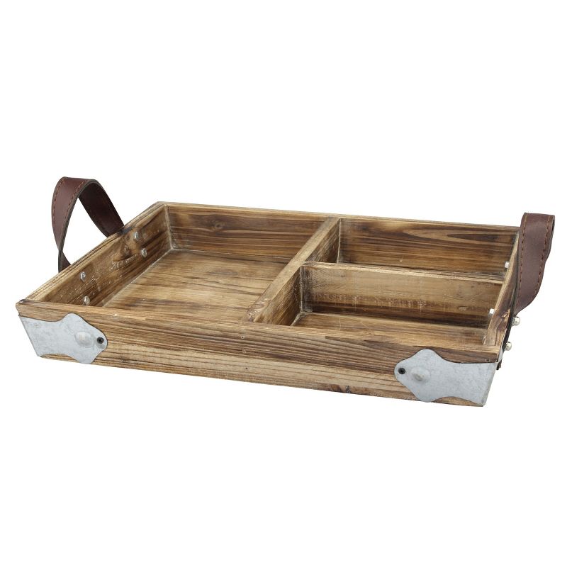 14.5&#34; x 11&#34; Rustic Divided Wood Tray with Leather Handles Brown - Stonebriar Collection, 1 of 6