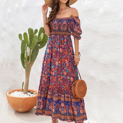 Womens Dress Bohemian Off Shoulder Puff Sleeve Beach Flowy Maxi Dress