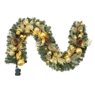 6 Ft Pre-Lit Artificial Xmas Garland with 20 LED Lights, Rattan Christmas Decoration with Gold Bows, Ball Ornaments, Pine Cones, Gold