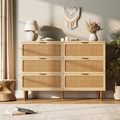 6-Drawer Rattan Dresser, Extra Deep Storage - Versatile Large Double Dresser for Bedroom, Living Room, Hallway, Kids Room & Closet Organization