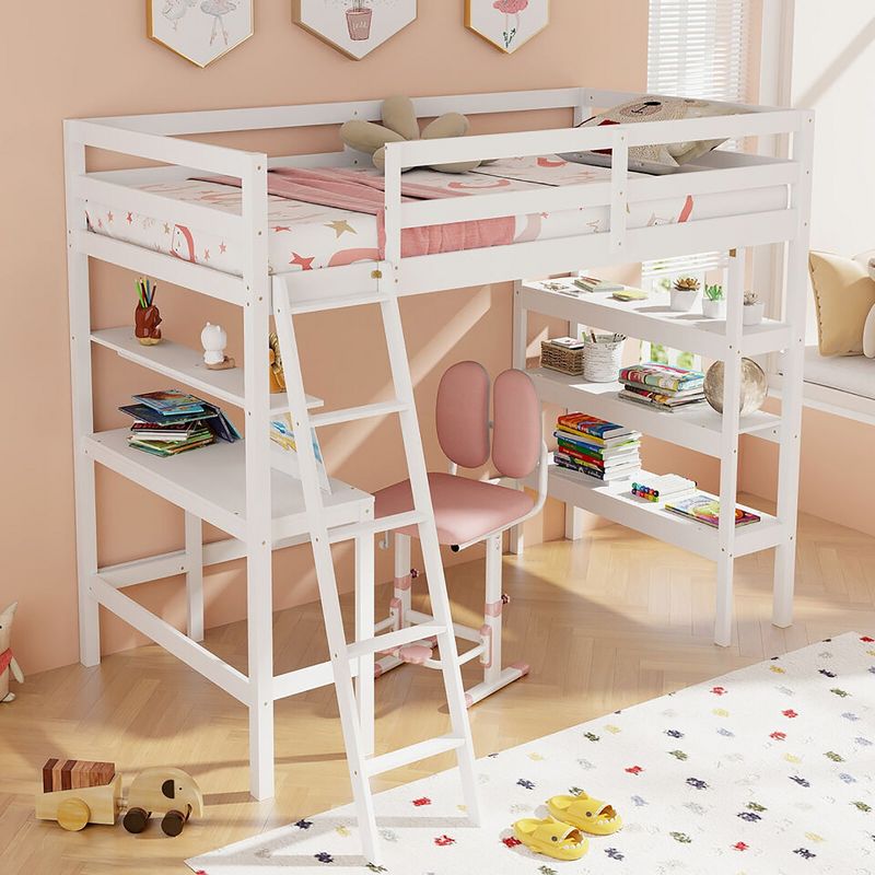 Tangkula Twin Size Solid Wood Loft Bed w/ Desk & Bookshelves Ladder & Guardrails, 2 of 11