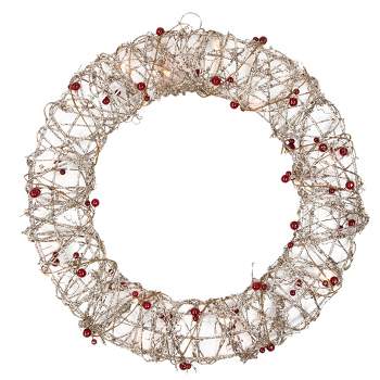 Northlight 18" Prelit Champagne Gold Glittered Rattan Berry Christmas Wreath - Clear Lights
