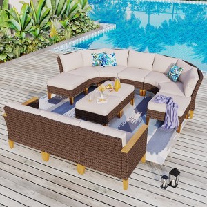 Captiva Designs 12pc Outdoor Wicker Rattan Patio Half-Moon Curved Sectional Sofa Set with Cushioned Ottoman - 1 of 4