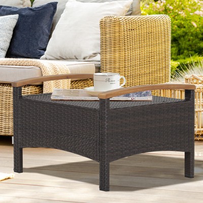 Beige PE Wicker Patio Ottomans with Acacia Wood Handles