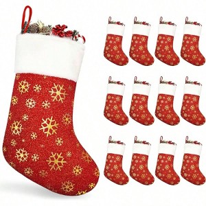 12PCS Bulk Stockings 18 Inch Large with White Plush Cuff Xmas Stocking Felt Flannel Faux Golden Snowflakes Thickened Fireplace Mantel - 1 of 4
