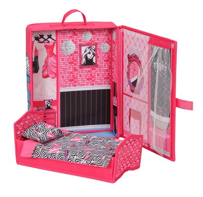 Pink Multi-Color Fabric MDF Dollhouse Playset with Bed and Bedding