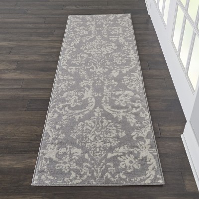 Jubilant Gray and Ivory Damask Runner Rug 2'3" x 7'3"