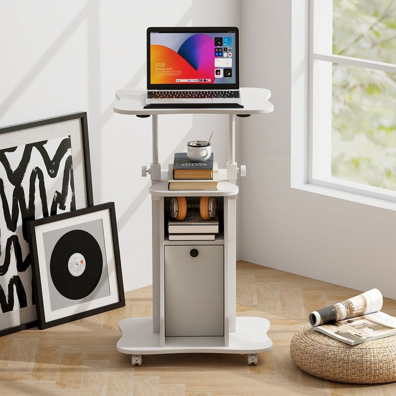 Costway Mobile Podium Stand Office Laptop Cart with Storage Adjustable Height White/Black, 4 of 10
