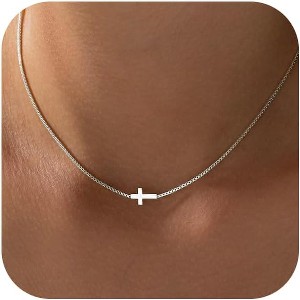 14K Gold Silver Cross Necklace Dainty Choker Non Tarnish Faith Jewelry - 1 of 4