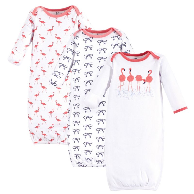 Yoga Sprout Baby Girl Cotton Long-Sleeve Gowns 3pk, Flamingo, 1 of 2