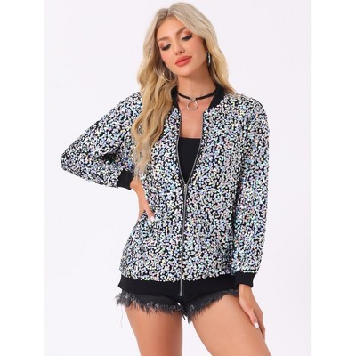 Allegra K Women's Sequined Shiny Long Sleeve Party Zipper Bomber Jacket Silver Large — фото 4