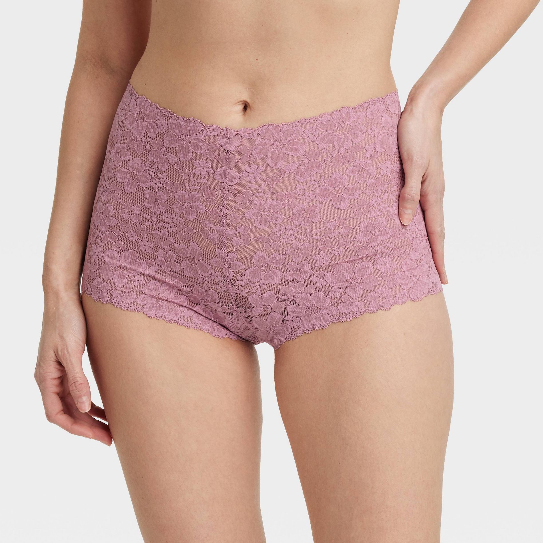Women's Allover Lace Boy Shorts Underwear - Auden™ Mauve XS: Lightweight Nylon-Spandex, Mid Rise, Cotton Gusset, Sheer, Machine Washable