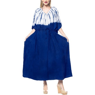 LA LEELA Women's House Daily Routine Evening Wear Loungewear Long Kaftan Cover Up Dress Maxi Dresses Caftans for Women 2X-3X Blue, Tie Dye Design