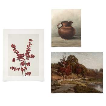 Americanflat 3 Piece Vintage Gallery Wall Art Set - Winterberry Branch, Autumn Range, Jug Still Life by Maple + Oak