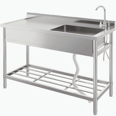 Stainless Steel Utility Sink, Freestanding Single Bowl Design with Hot/Cold Water Pipes, Includes Faucet, Storage Rack, For Garage, Restaurant