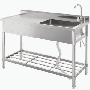 Stainless Steel Utility Sink, Freestanding Single Bowl Design with Hot/Cold Water Pipes, Includes Faucet, Storage Rack, For Garage, Restaurant - 1 of 4