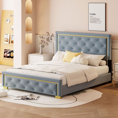 CAVINAS Queen Bed Frame with Pull Point Headboard and Queen Bed Metal Wire Frame at The Head and Foot of The Bed, Metal Feet, Velvet, beige