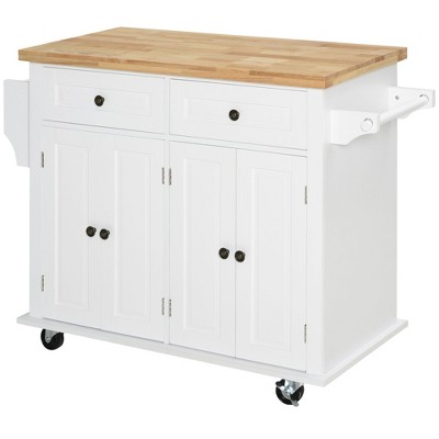 White Wood Kitchen Cart with Butcher Block Top and Storage