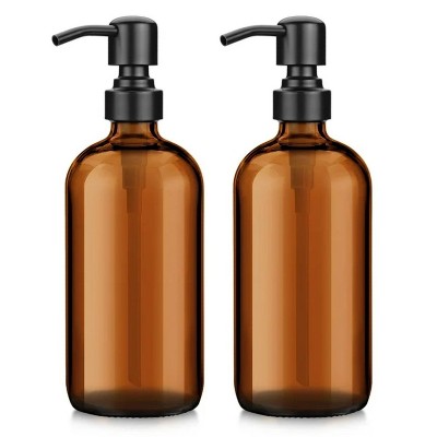 LunaLulinlk Glass Soap Dispenser, 2 Pack Thick Amber Pint Jar Bottle with Black Pump Stainless Steel, 17 Oz Bathroom Hand Soap Dispenser