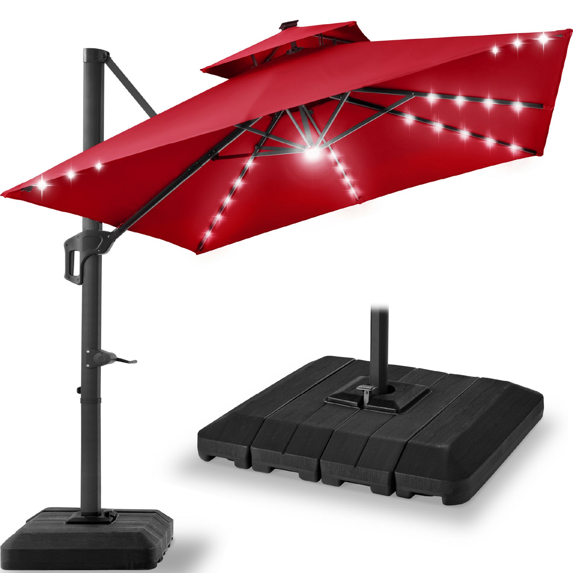 Best Choice Products 2-Tier Square Solar LED Cantilever Patio Umbrella – 10x10ft, 9x12ft, or 12x12ft w/ Base Included & 360° Rotation
