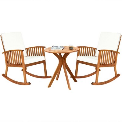 Costway 3PCS Patio Rocking Chair Set Round Table Solid Wood Cushioned Sofa Garden Deck