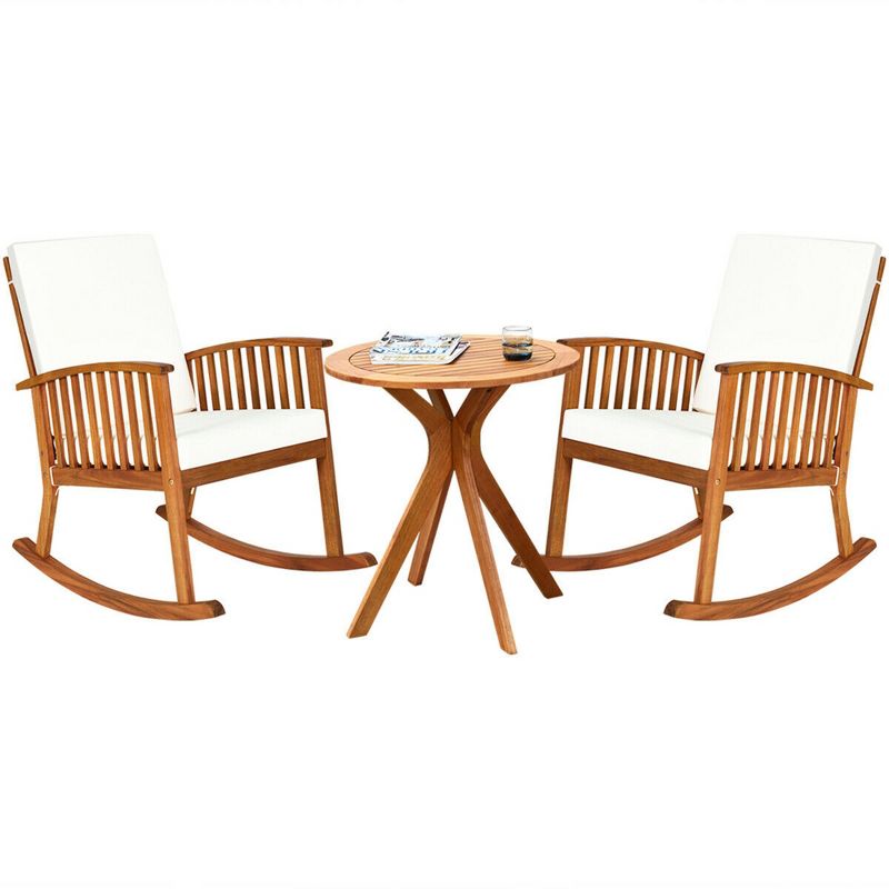 Costway 3PCS Patio Rocking Chair Set Round Table Solid Wood Cushioned Sofa Garden Deck, 1 of 10
