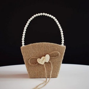Attop Rustic Burlap Flower Girl Baskets with Pearl Handle, BowKnot Heart Petals Basket for Vintage Wedding Ceremony - 1 of 4