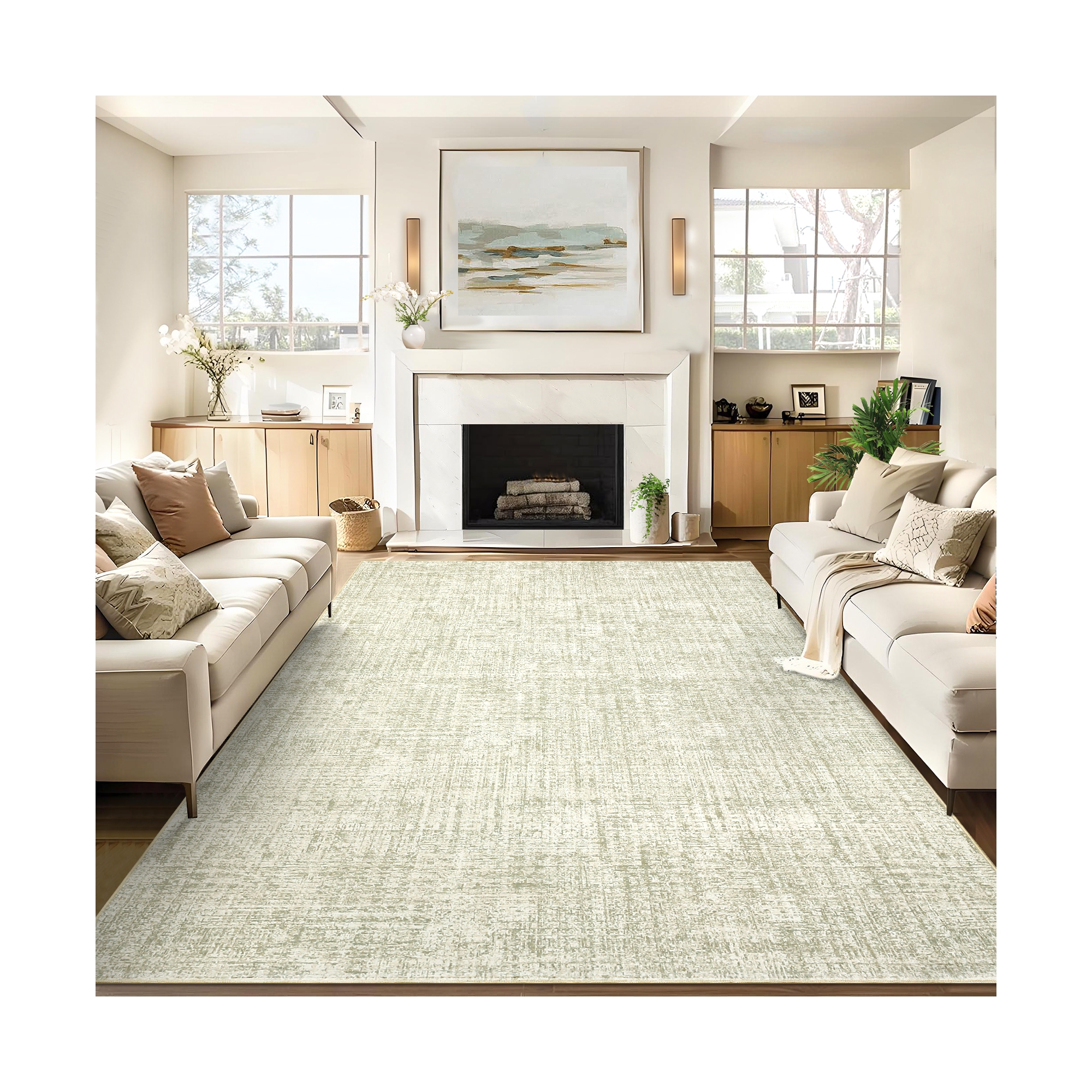 Washable Living Room Rugs Farmhouse Rug Modern Solid Carpet Soft Non Slip Low Pile Rug for Bedroom Dining Room Hallway, 8x10 Light Green