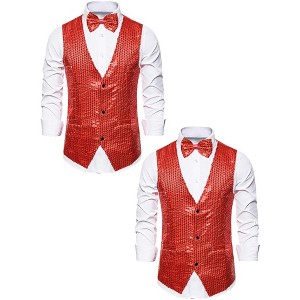 Lars Amadeus Men's Sequin Sleeveless Party Prom Waistcoat with Bow Tie 2 Packs - 1 of 4