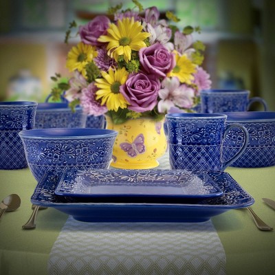 Indigo Lotus Floral Ceramic Square Dinnerware Set, Service for 4