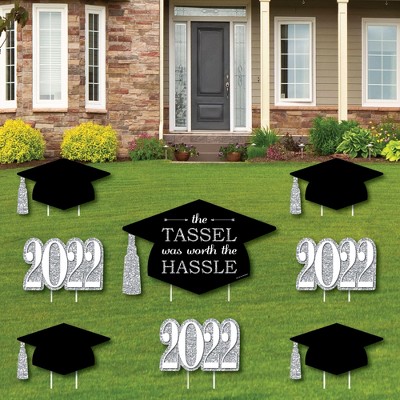 Big Dot of Happiness Silver - Tassel Worth The Hassle - Yard Sign & Outdoor Lawn Decorations - 2022 Graduation Party Yard Signs - Set of 8